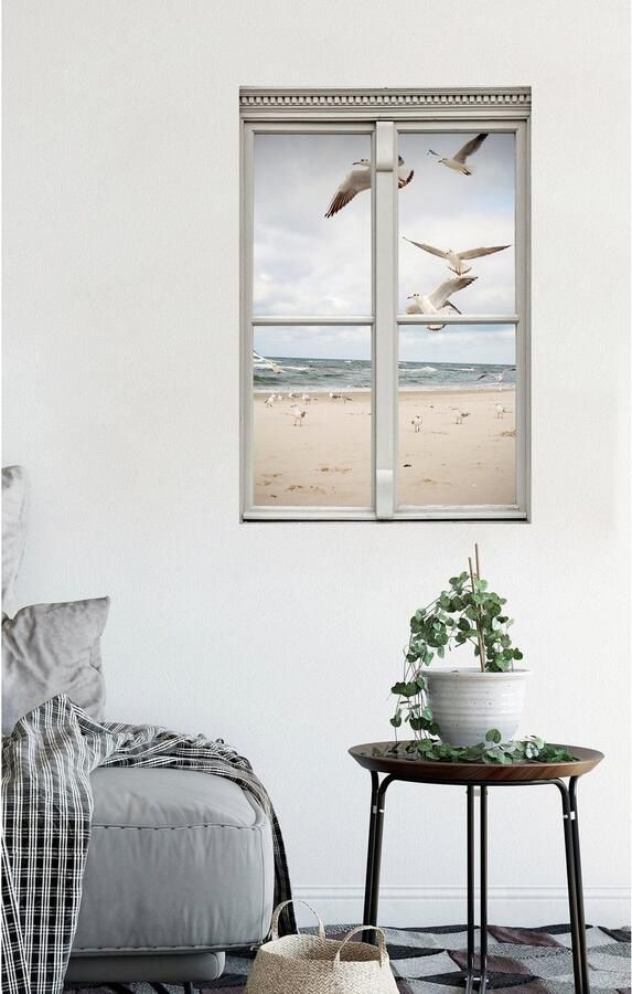 Queence Wandfolie Meeuwen aan het strand Muursticker muurdecoratie zelfklevend 3D raam