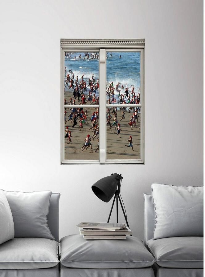 Queence Wandfolie Mensen aan het strand Muursticker muurdecoratie zelfklevend 3D raam