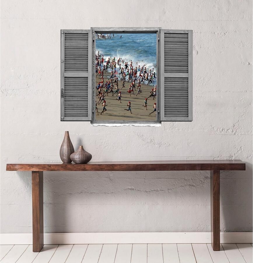 Queence Wandfolie Mensen op de weg in het Muursticker muurdecoratie zelfklevend 3D raam (1 stuk)