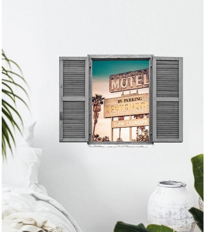 Queence Wandfolie Motel Muursticker muurdecoratie zelfklevend 3D raam (1 stuk)