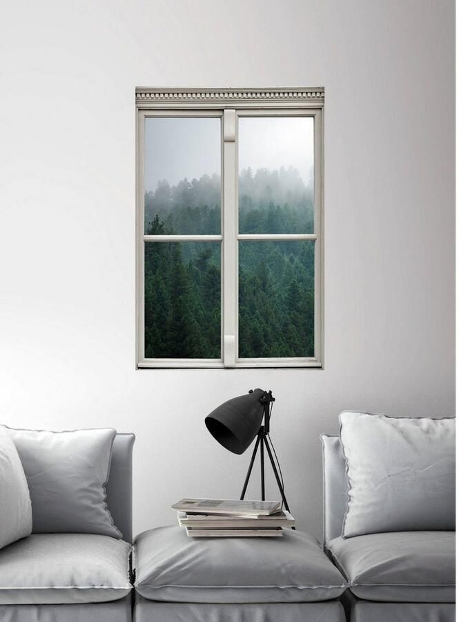 Queence Wandfolie Nevelig bos Muursticker muurdecoratie zelfklevend 3D raam