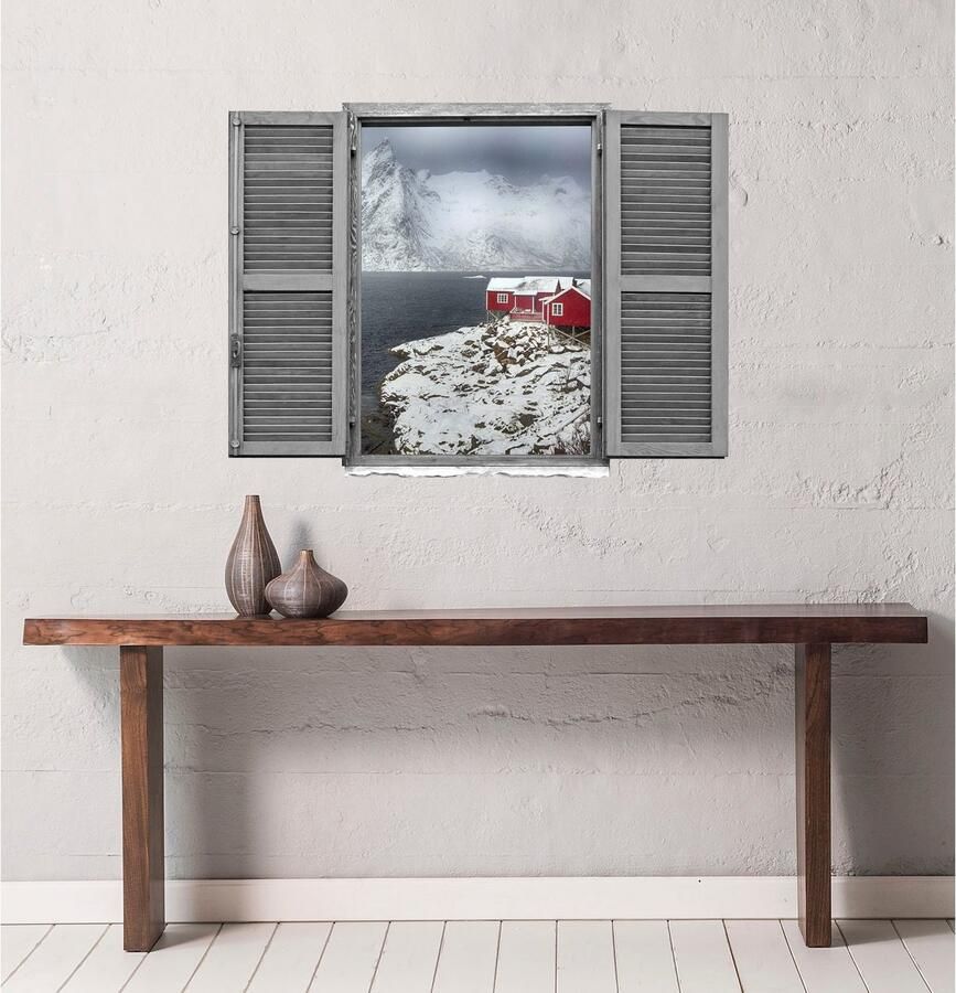 Queence Wandfolie Noorwegen Winter Muursticker muurdecoratie zelfklevend 3D raam (1 stuk)