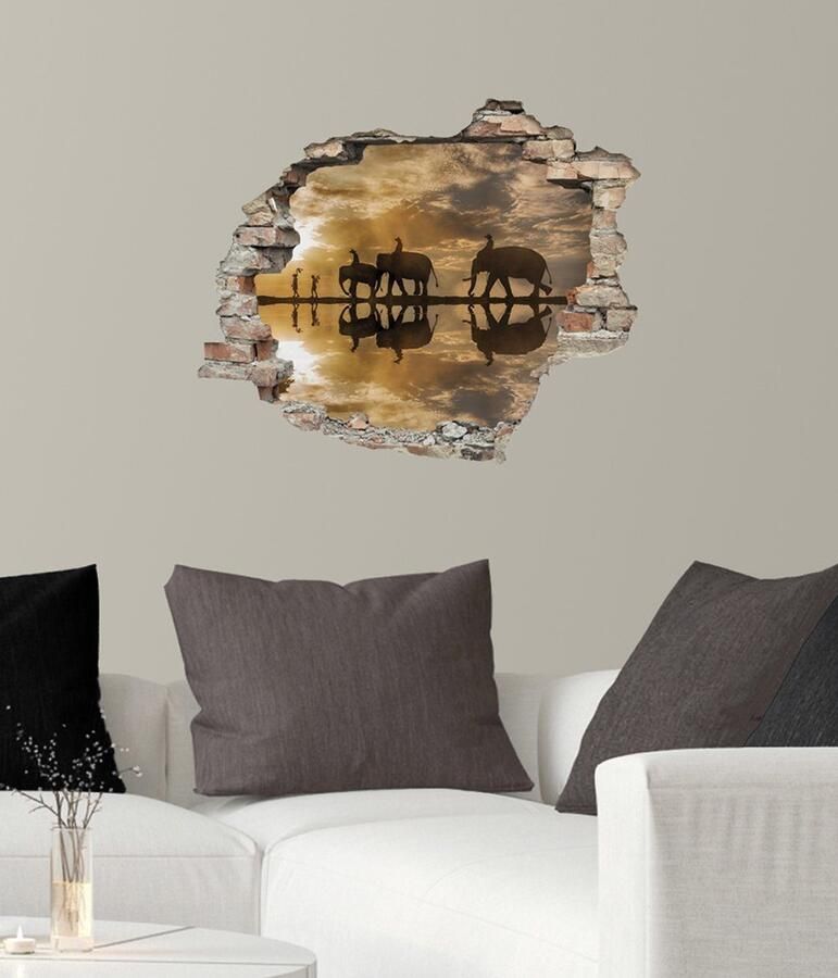 Queence Wandfolie Olifanten Muursticker muurdecoratie zelfklevend 3D muurdurchbraak (1 stuk)