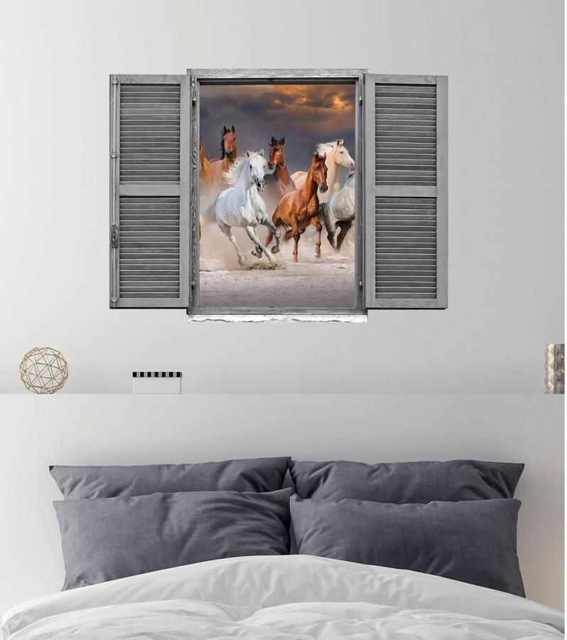 Queence Wandfolie Paarden Muursticker muurdecoratie zelfklevend 3D raam (1 stuk)