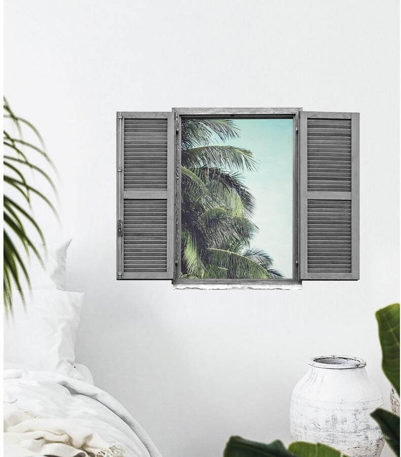 Queence Wandfolie Palmbladeren Muursticker muurdecoratie zelfklevend 3D raam (1 stuk)