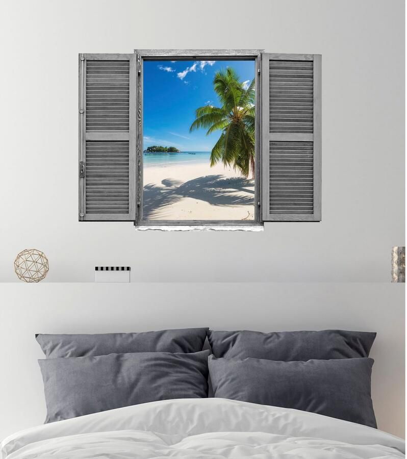 Queence Wandfolie Palmen in het zand Muursticker muurdecoratie zelfklevend 3D raam (1 stuk)