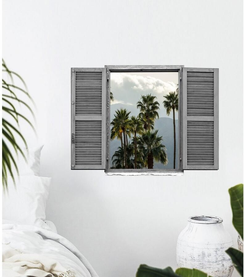 Queence Wandfolie Palmen voor bergen Muursticker muurdecoratie zelfklevend 3D raam (1 stuk)