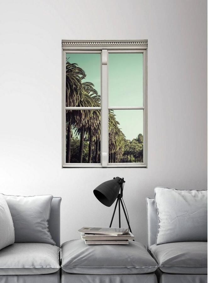 Queence Wandfolie Palmenlaan Muursticker muurdecoratie zelfklevend 3D raam