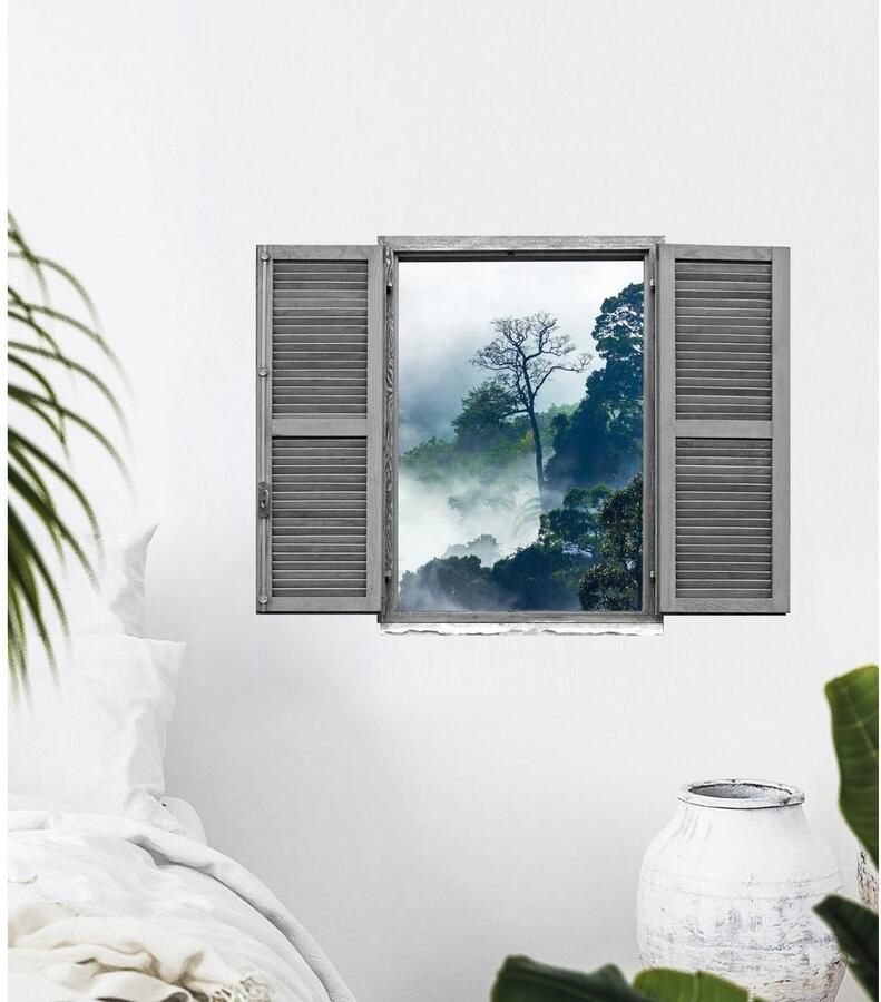 Queence Wandfolie Regenwoud Muursticker muurdecoratie zelfklevend 3D raam (1 stuk)