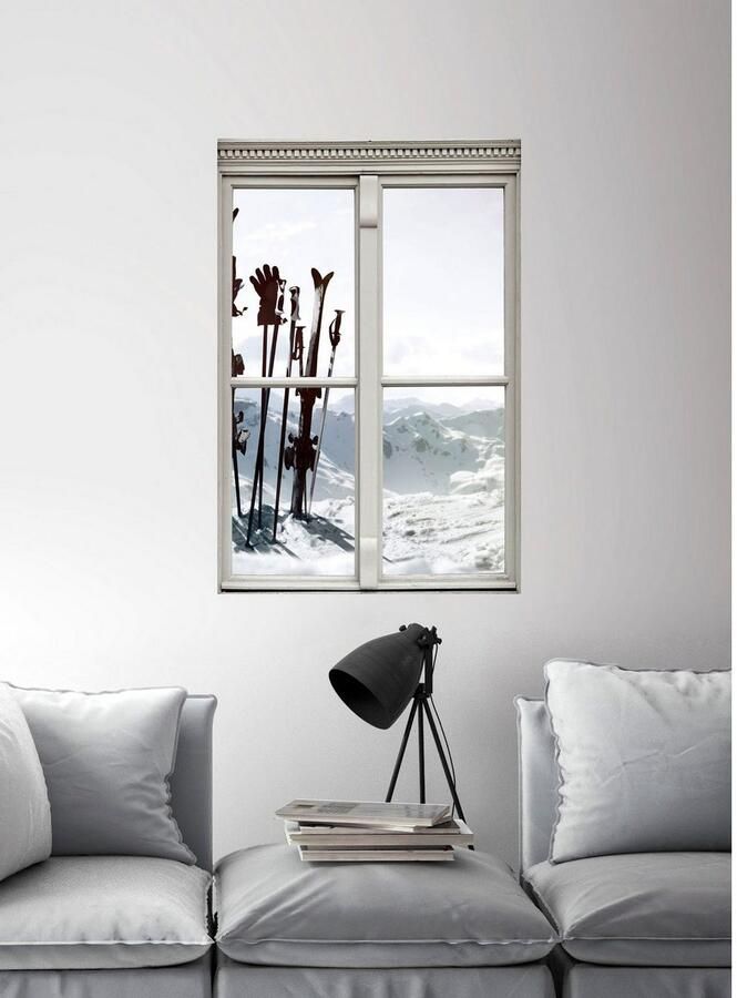 Queence Wandfolie Skiër op berg Muursticker muurdecoratie zelfklevend 3D raam