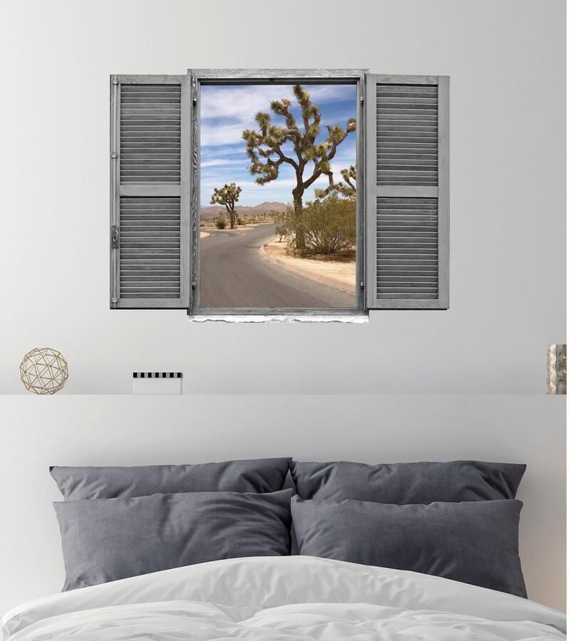 Queence Wandfolie Straat door de woestijn Muursticker muurdecoratie zelfklevend 3D raam (1 stuk)
