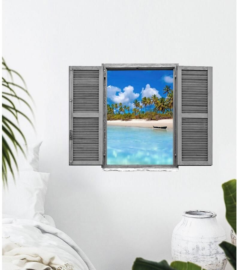 Queence Wandfolie Strand met palmen Muursticker muurdecoratie zelfklevend 3D raam (1 stuk)