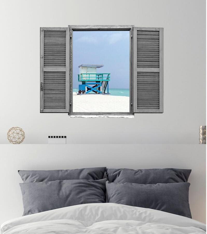 Queence Wandfolie Strandhuisje Muursticker muurdecoratie zelfklevend 3D raam (1 stuk)