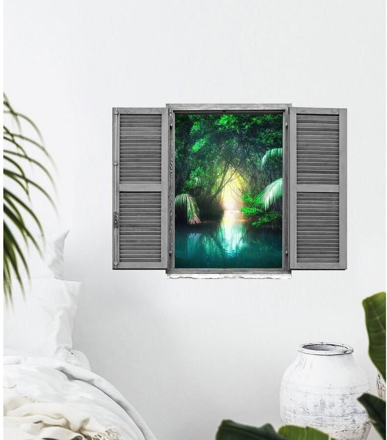 Queence Wandfolie Tropische palmen Muursticker muurdecoratie zelfklevend 3D raam (1 stuk)
