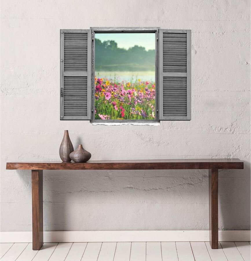 Queence Wandfolie Veld van roze bloemen Muursticker muurdecoratie zelfklevend 3D raam (1 stuk)