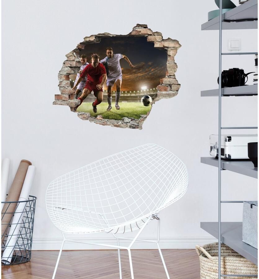 Queence Wandfolie Voetbal duel Muursticker muurdecoratie zelfklevend 3D muurdurchbraak (1 stuk)