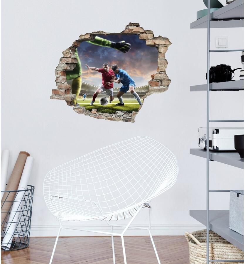 Queence Wandfolie Voetbal duel Muursticker muurdecoratie zelfklevend 3D muurdurchbraak (1 stuk)