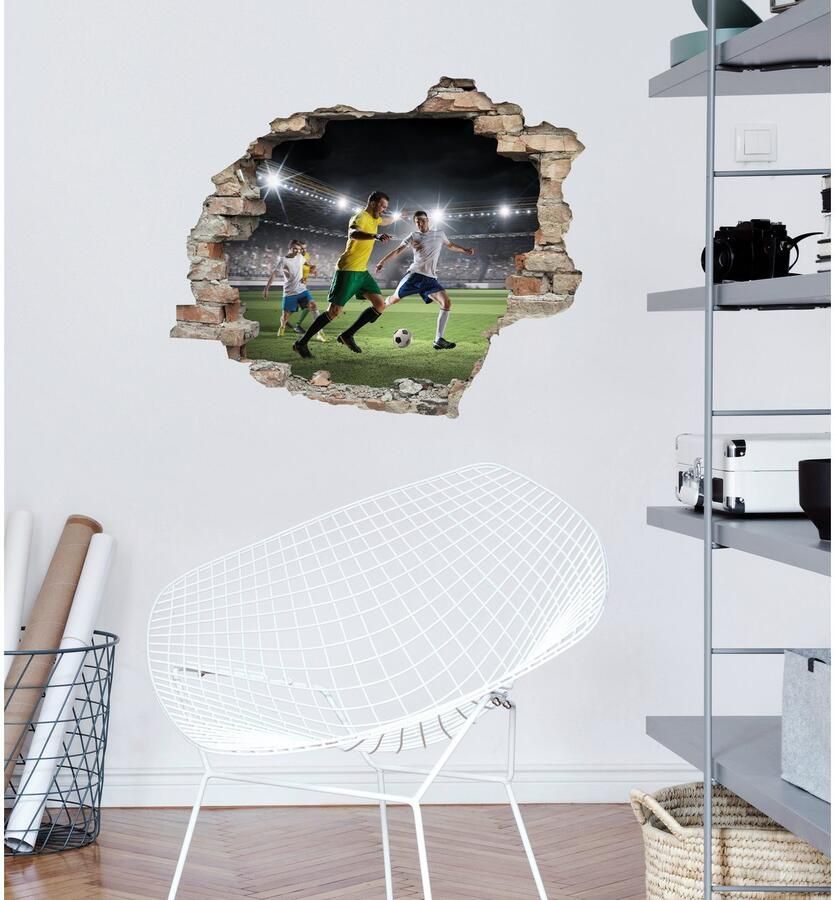 Queence Wandfolie Voetbal Muursticker muurdecoratie zelfklevend 3D muurdurchbraak (1 stuk)