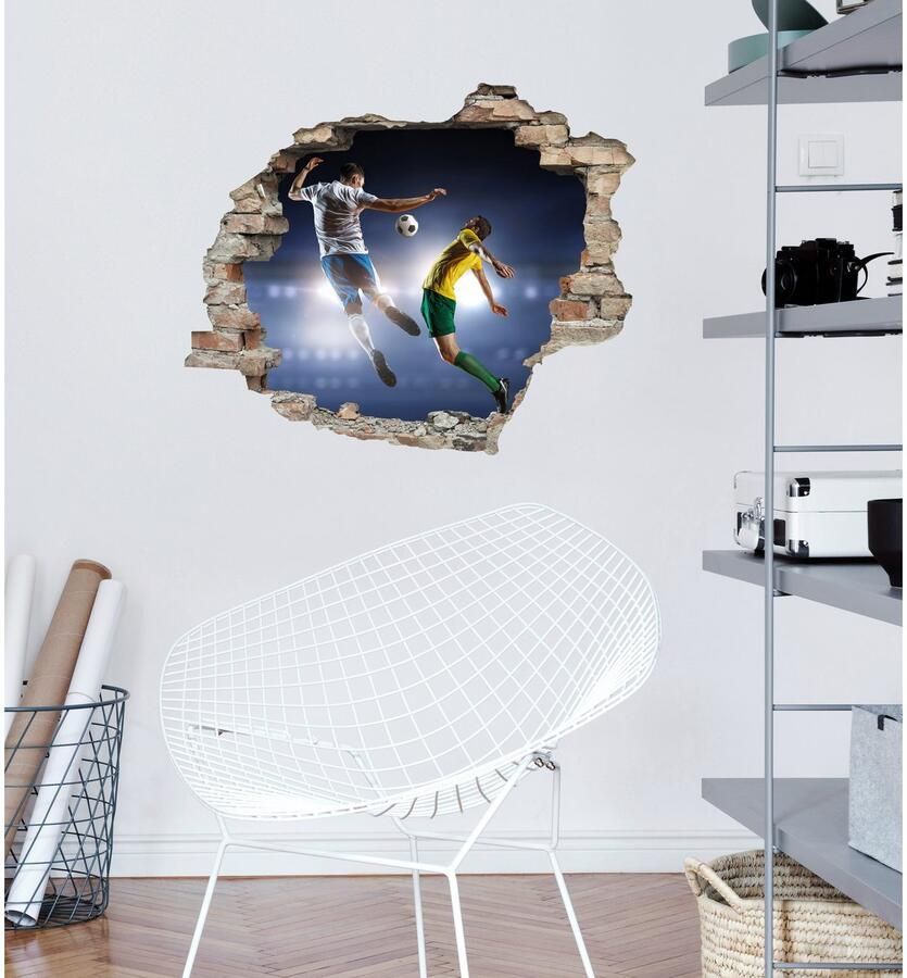 Queence Wandfolie Voetbal Muursticker muurdecoratie zelfklevend 3D muurdurchbraak (1 stuk)