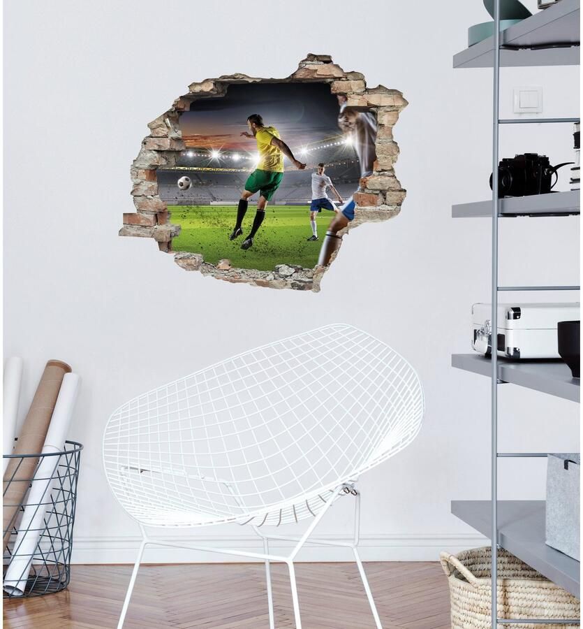 Queence Wandfolie Voetbal schot Muursticker muurdecoratie zelfklevend 3D muurdurchbraak (1 stuk)