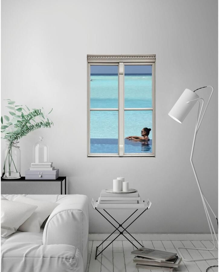 Queence Wandfolie Vrouw in zwembad Muursticker muurdecoratie zelfklevend 3D raam