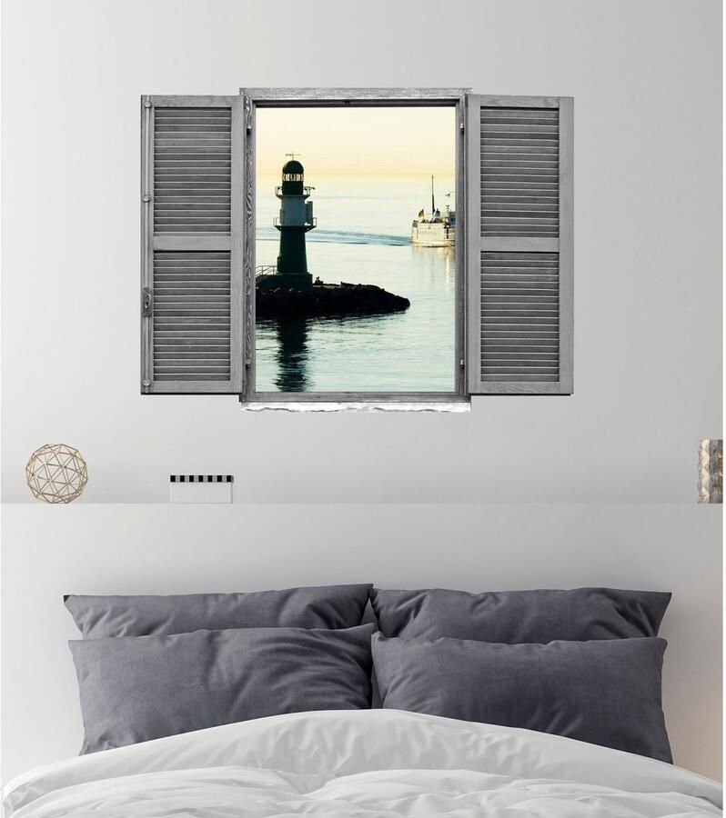 Queence Wandfolie Vuurtoren Muursticker muurdecoratie zelfklevend 3D raam (1 stuk)