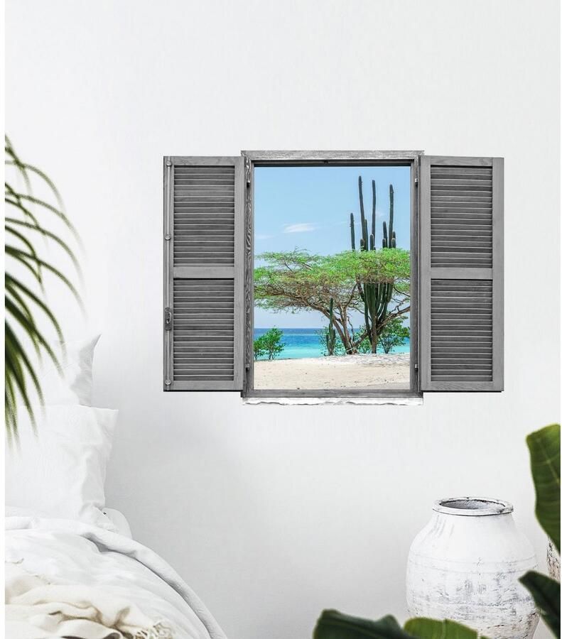 Queence Wandfolie Woestenij en strandlandschap Muursticker muurdecoratie zelfklevend 3D raam (1 stuk)