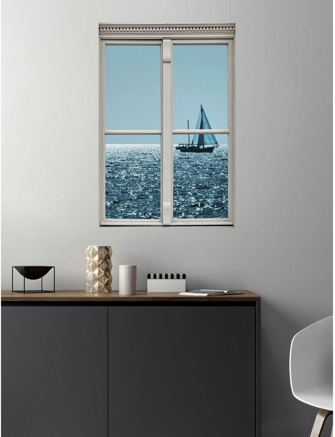 Queence Wandfolie Zeilboot Muursticker muurdecoratie zelfklevend 3D raam