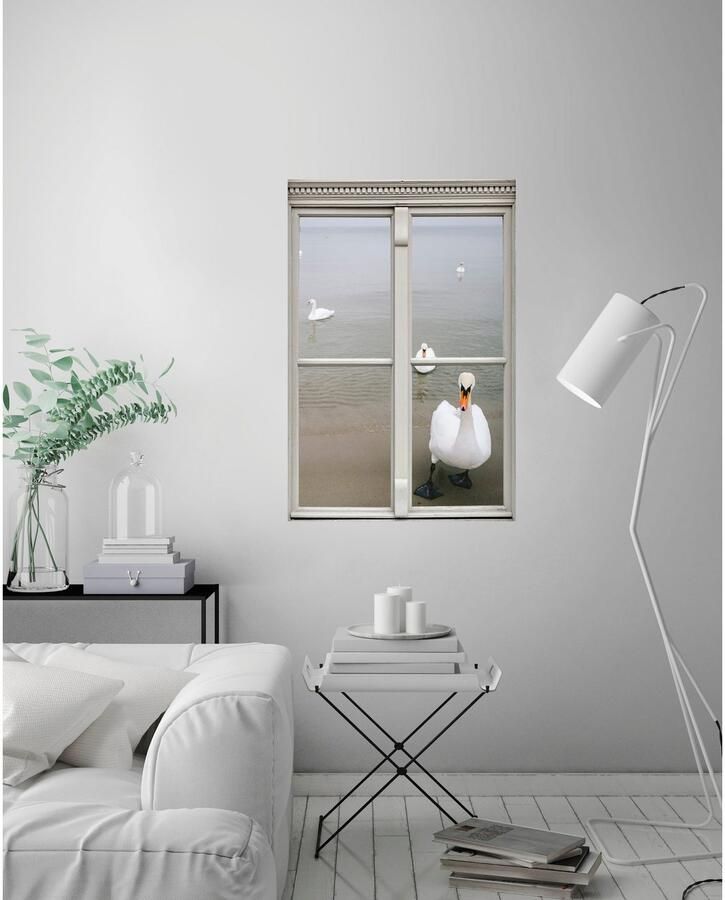 Queence Wandfolie Zwanen Muursticker muurdecoratie zelfklevend 3D raam