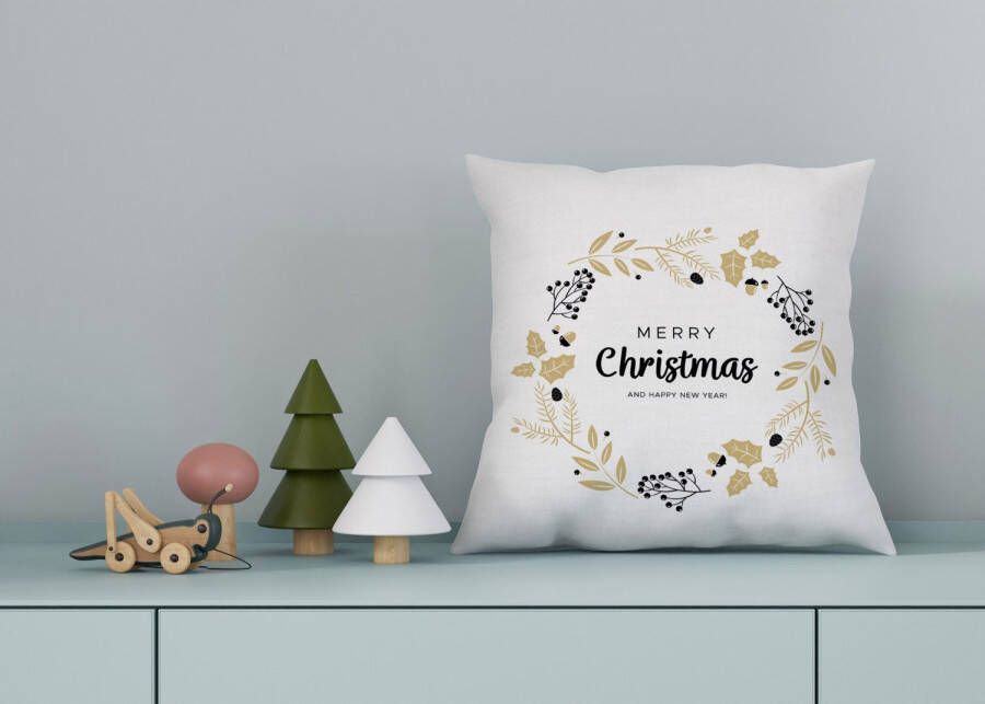 Queence Sierkussen Carolina Kussenhoes Vrolijk Kerstfeest wit kerstmotief feestelijk winterachtig (1 stuk)