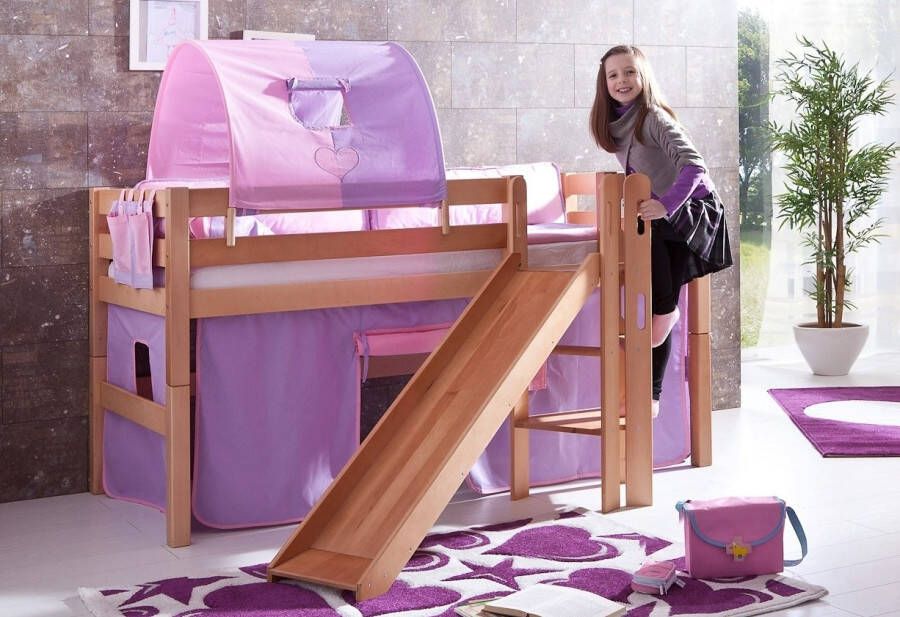 Relita Hoogslaper Eliyas incl. oprolbare lattenbodem met ladder glijbaan en textiel set massief beuken