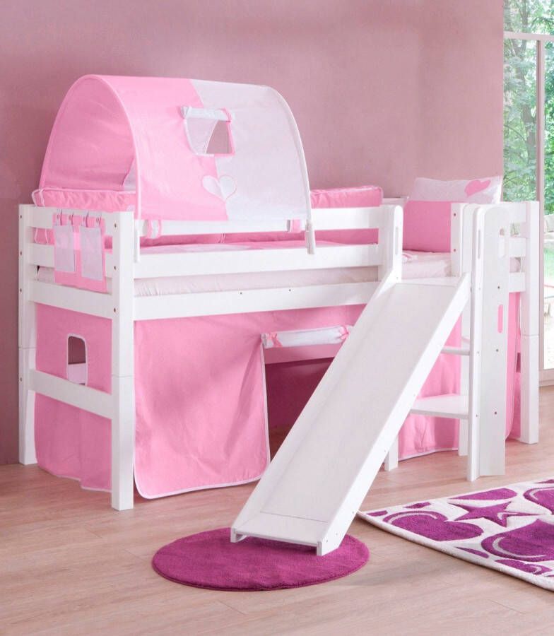 Relita Hoogslaper Eliyas incl. oprolbare lattenbodem met ladder glijbaan en textiel set massief beuken