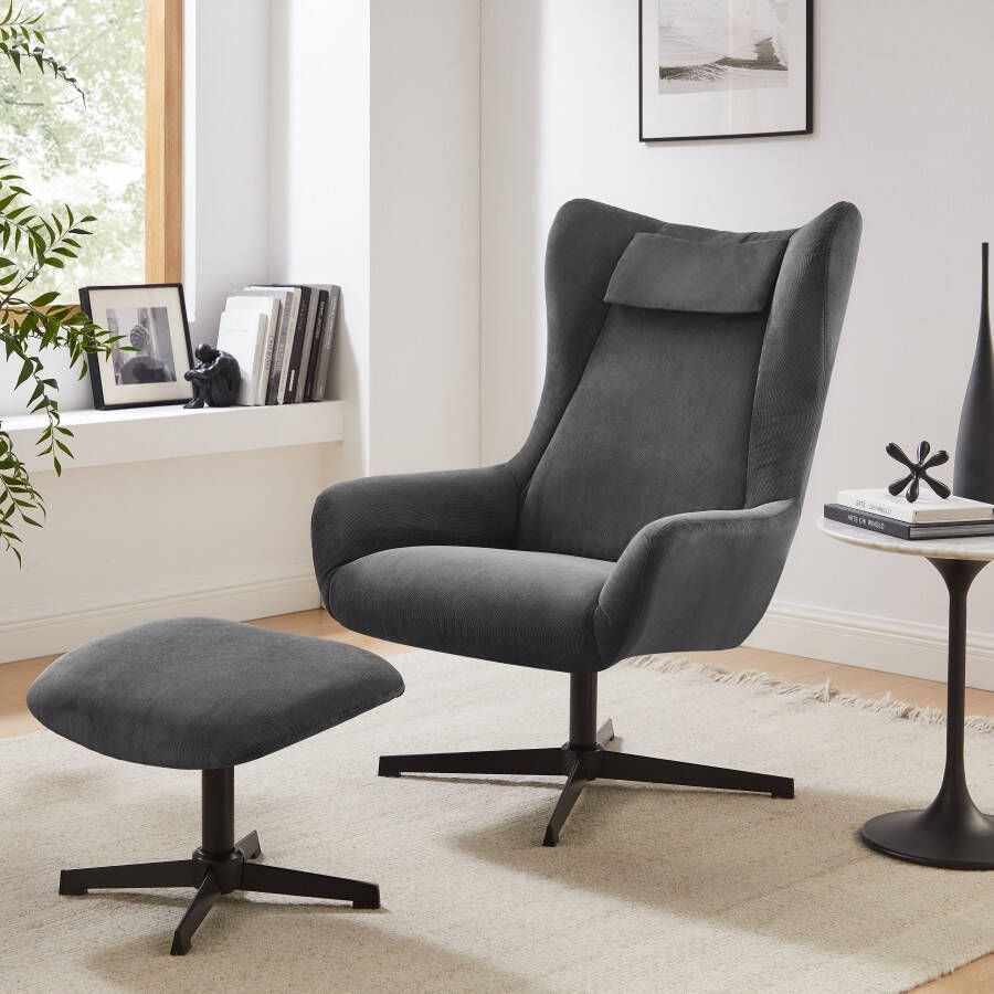 Artistiq Living Artistiq Draaifauteuil Mendy Met hocker Rib Grijs