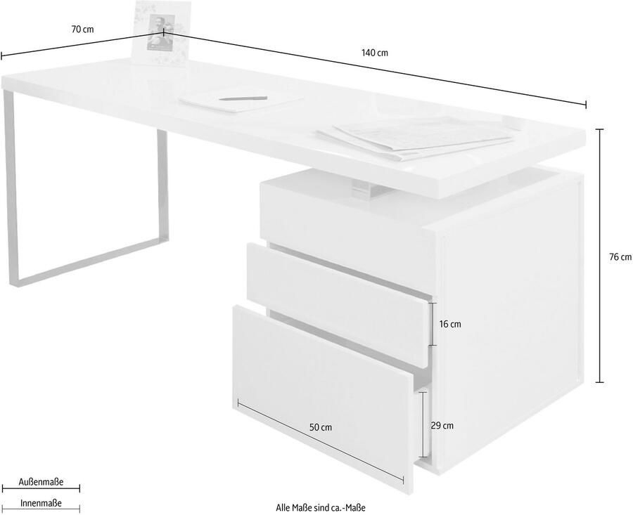 Artistiq Living Artistiq Bureau Pamela 140 x 70cm met 3 laden Wit