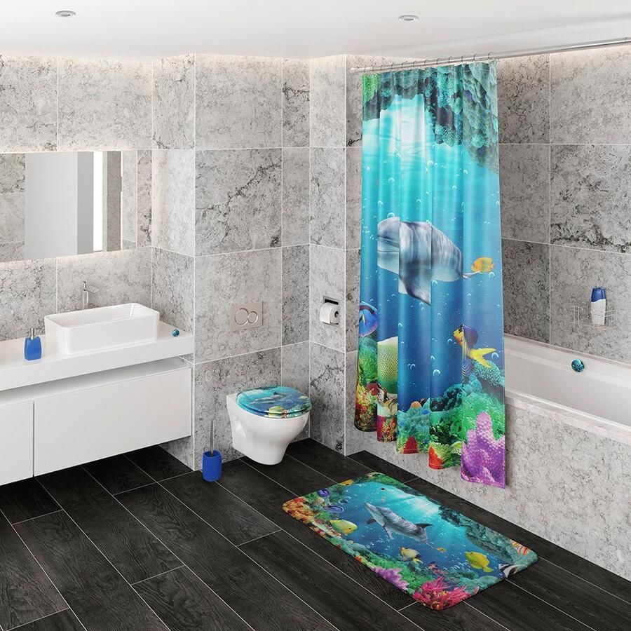 Sanilo Set badkameraccessoires Dolfijn koraal bestaand uit toiletzitting badmat en wastafelplug (complete set 3-delig)