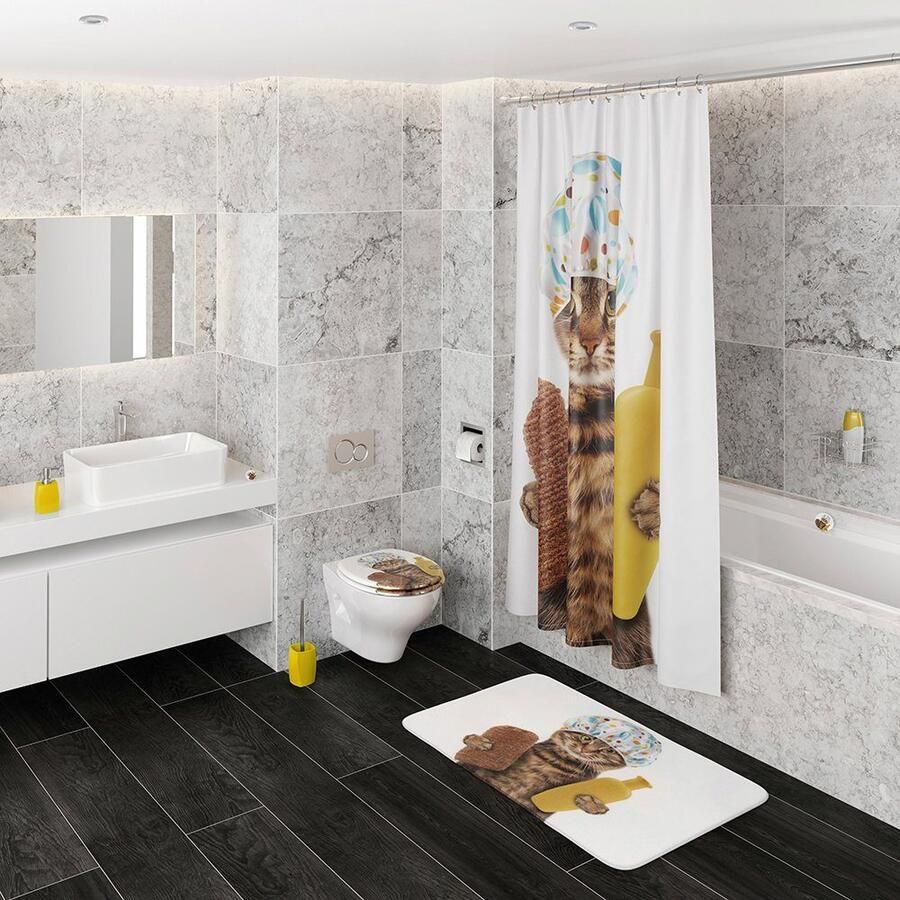 Sanilo Set badkameraccessoires Shower Cat bestaand uit toiletzitting badmat en wastafelplug (3-delig)