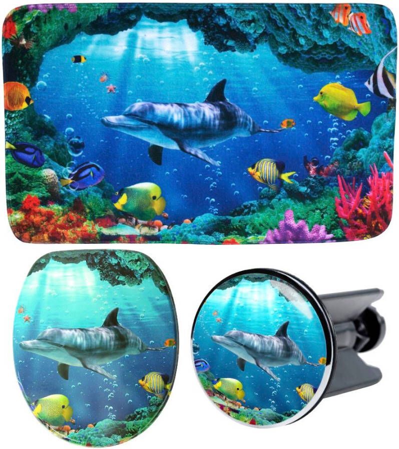 Sanilo Set badkameraccessoires Dolfijn koraal bestaand uit toiletzitting badmat en wastafelplug (complete set 3-delig)