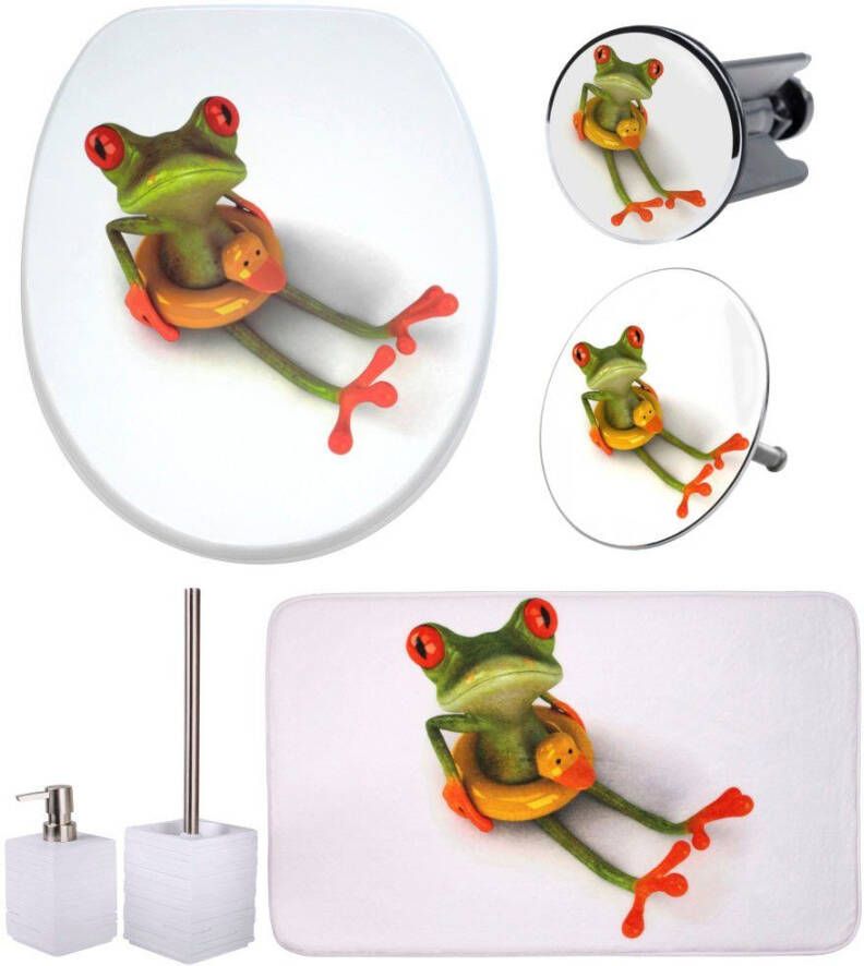 Sanilo Set badkameraccessoires Froggy bestaand uit toiletzitting badmat stop zeepdispenser toiletborstel (complete set 6-delig)