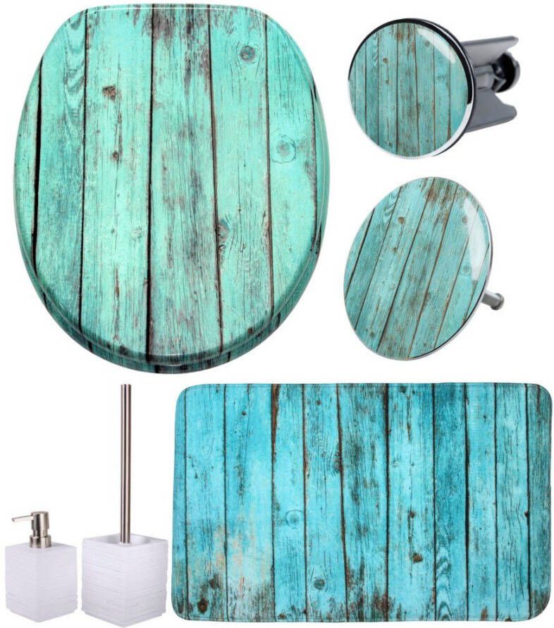 Sanilo Set badkameraccessoires Lumber bestaand uit toiletzitting badmat stop zeepdispenser toiletborstel (complete set 6-delig)