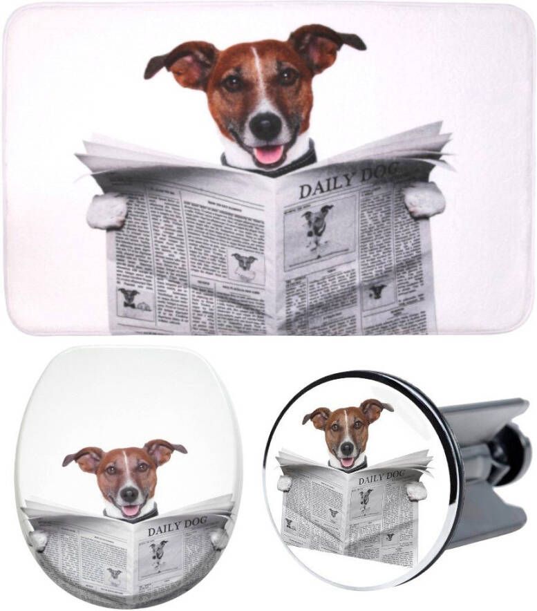 Sanilo Set badkameraccessoires Newspaper bestaand uit toiletzitting badmat en wastafelplug (complete set 3-delig)