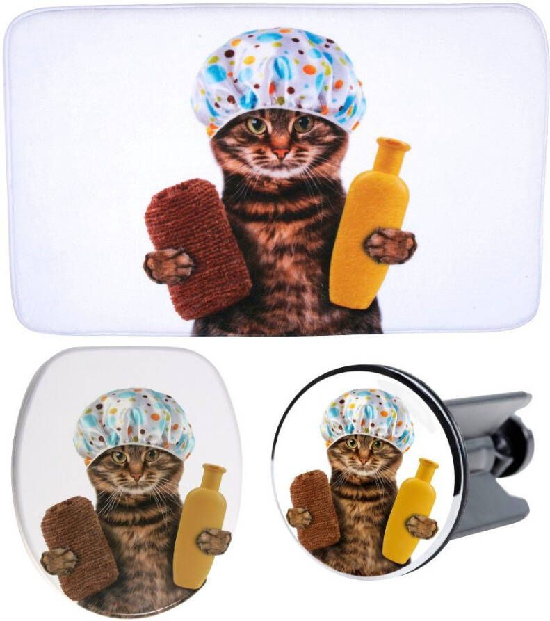 Sanilo Set badkameraccessoires Shower Cat bestaand uit toiletzitting badmat en wastafelplug (3-delig)
