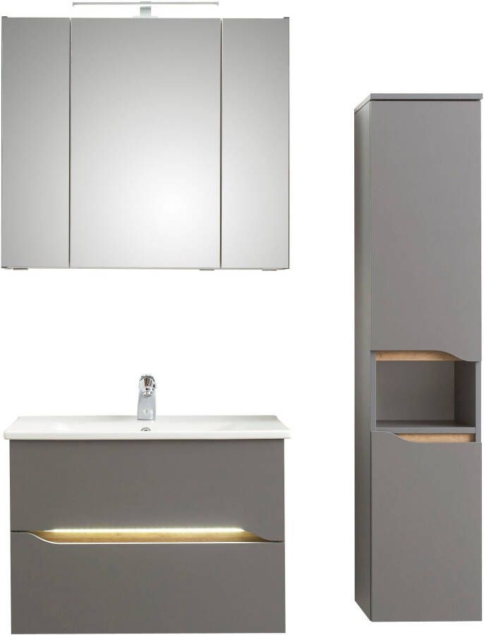 Saphir Badkamerserie Quickset 3-delig keramische wastafel en LED spiegelkast met halfhoge kast 2 deuren 1 nis 2 laden inclusief deurdemper (5-delig)