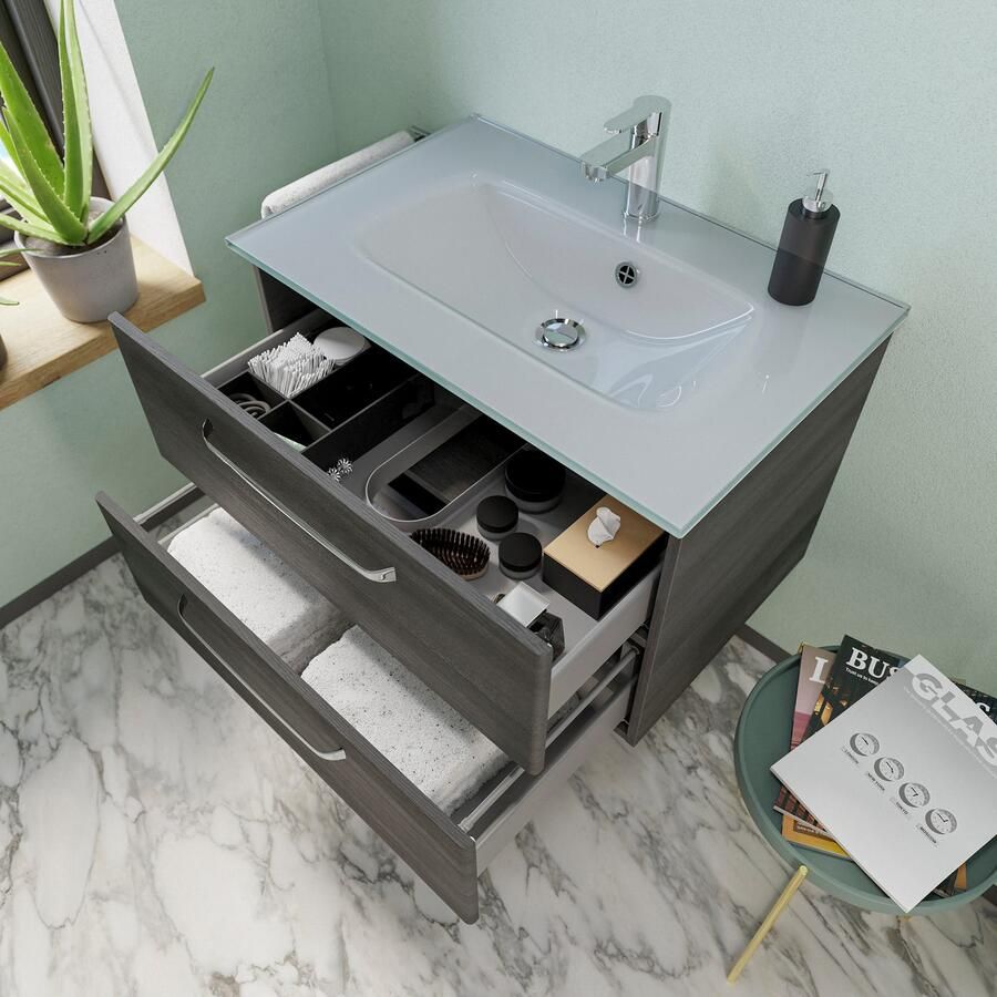 Saphir Badmeubelset Trentino 2-delig glas wasbak spiegelkast met LED-profiel Badkamermeubel-set 77cm breed incl. deurdemper 3 deuren 2 lades (3 stuks)