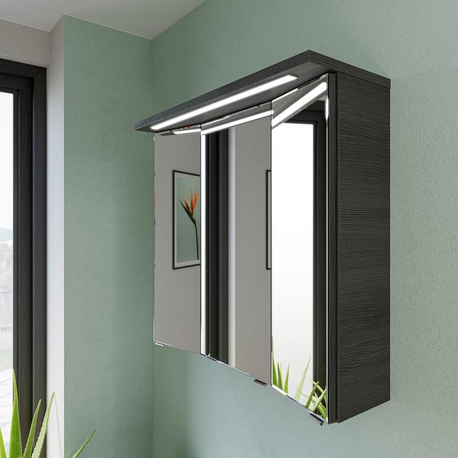 Saphir Badmeubelset Trentino 2-delig mineralen marmer wasbak met LED spiegelkast Badkamermeubel-set 77cm breed incl. deurdemper 3 deuren 2 lades (3 stuks)