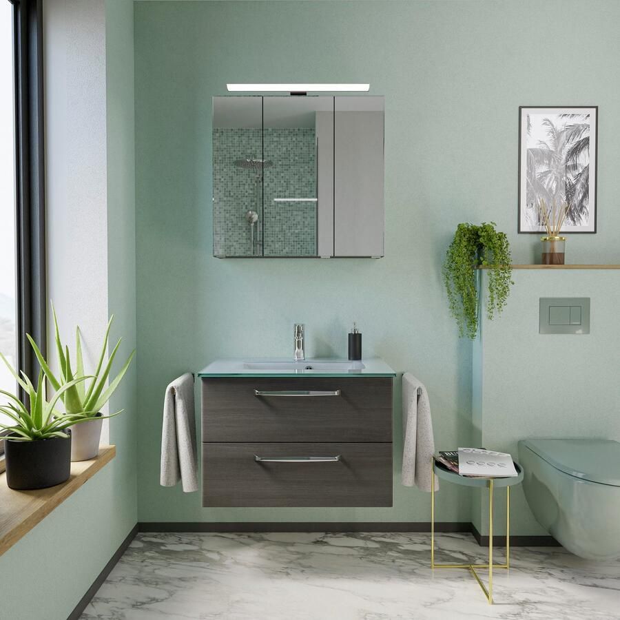 Saphir Badmeubelset Trentino 2-delig glazen wastafel spiegelkast met LED-verlichting Badkamermeubel-set 77cm breed incl. deurdemper 3 deuren 2 lades (3 stuks)