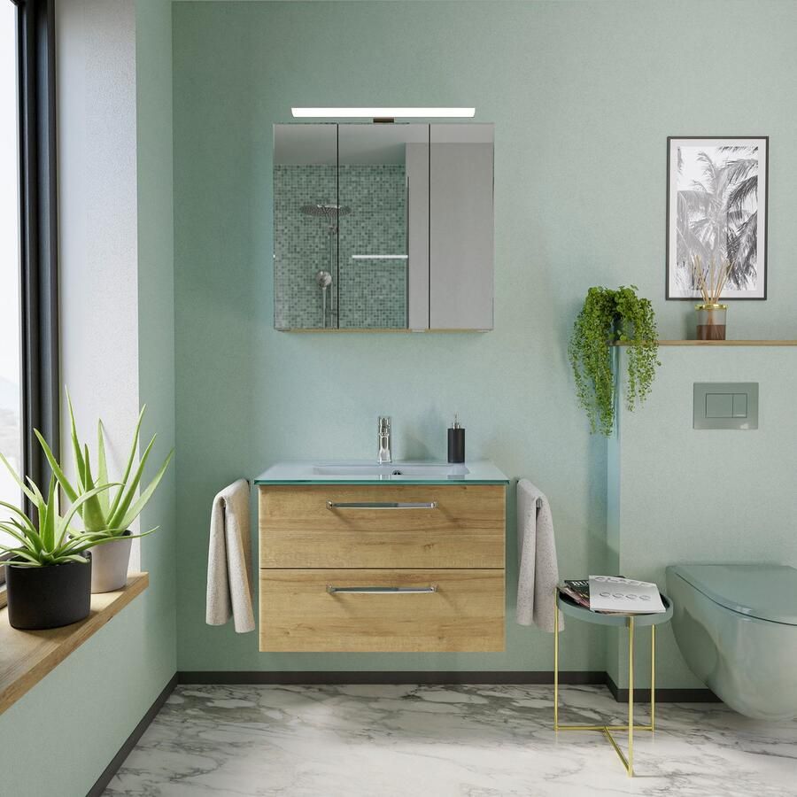 Saphir Badmeubelset Trentino 2-delig glazen wastafel spiegelkast met LED-verlichting Badkamermeubel-set 77cm breed incl. deurdemper 3 deuren 2 lades (3 stuks)