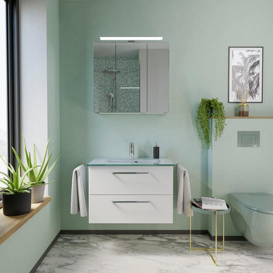 Saphir Badmeubelset Trentino 3-delig glas wasbak met LED spiegelkast (4 stuks)