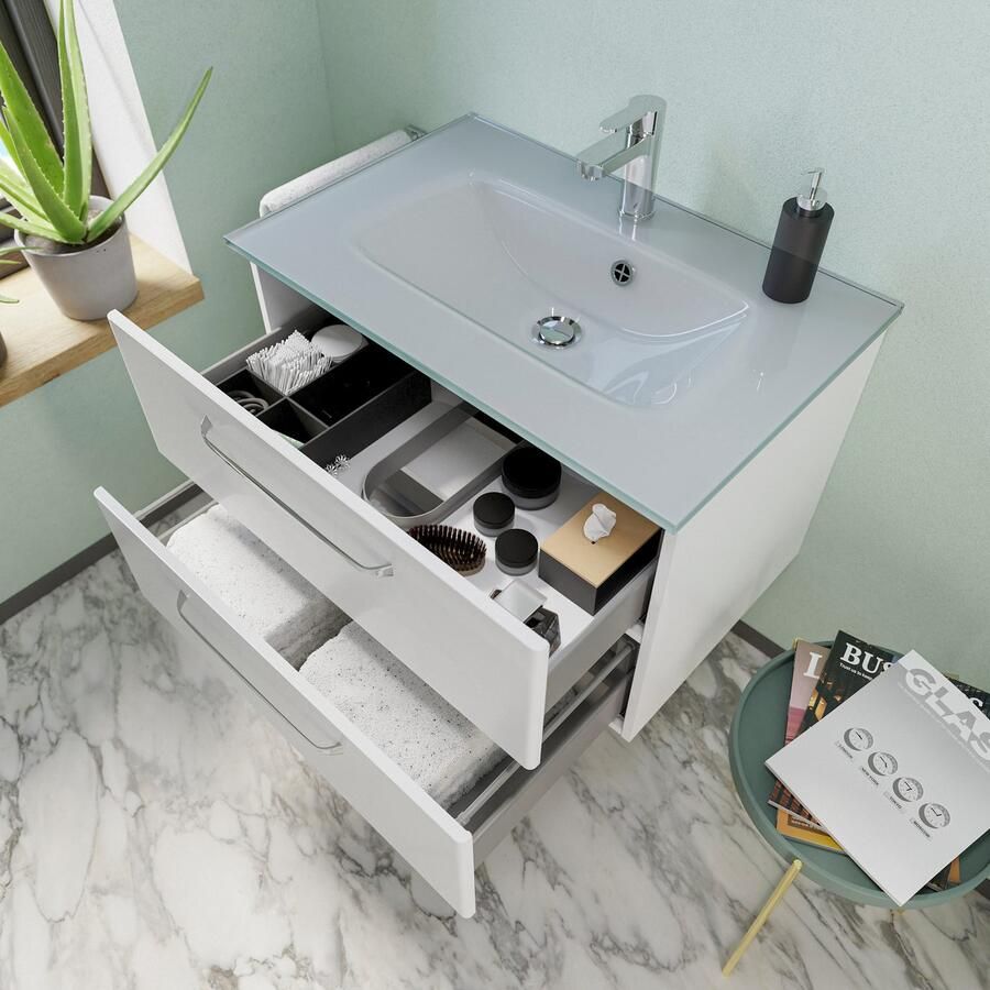 Saphir Badmeubelset Trentino 2-delig glas wasbak spiegelkast met LED-profiel Badkamermeubel-set 77cm breed incl. deurdemper 3 deuren 2 lades (3 stuks)