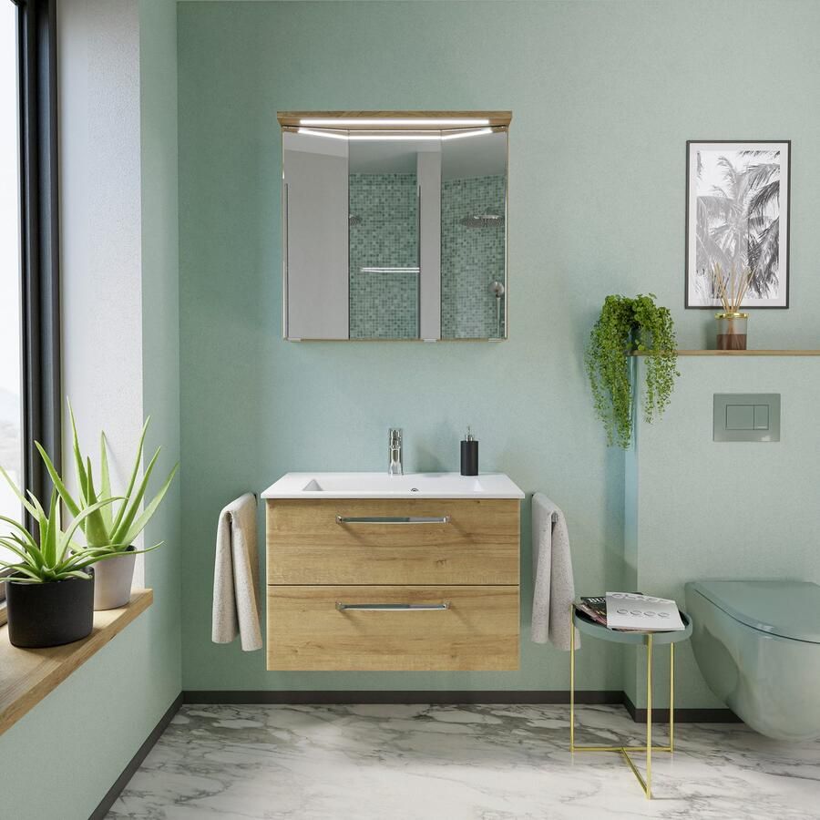 Saphir Badmeubelset Trentino 2-delig mineralen marmer wasbak met LED spiegelkast Badkamermeubel-set 77cm breed incl. deurdemper 3 deuren 2 lades (3 stuks)