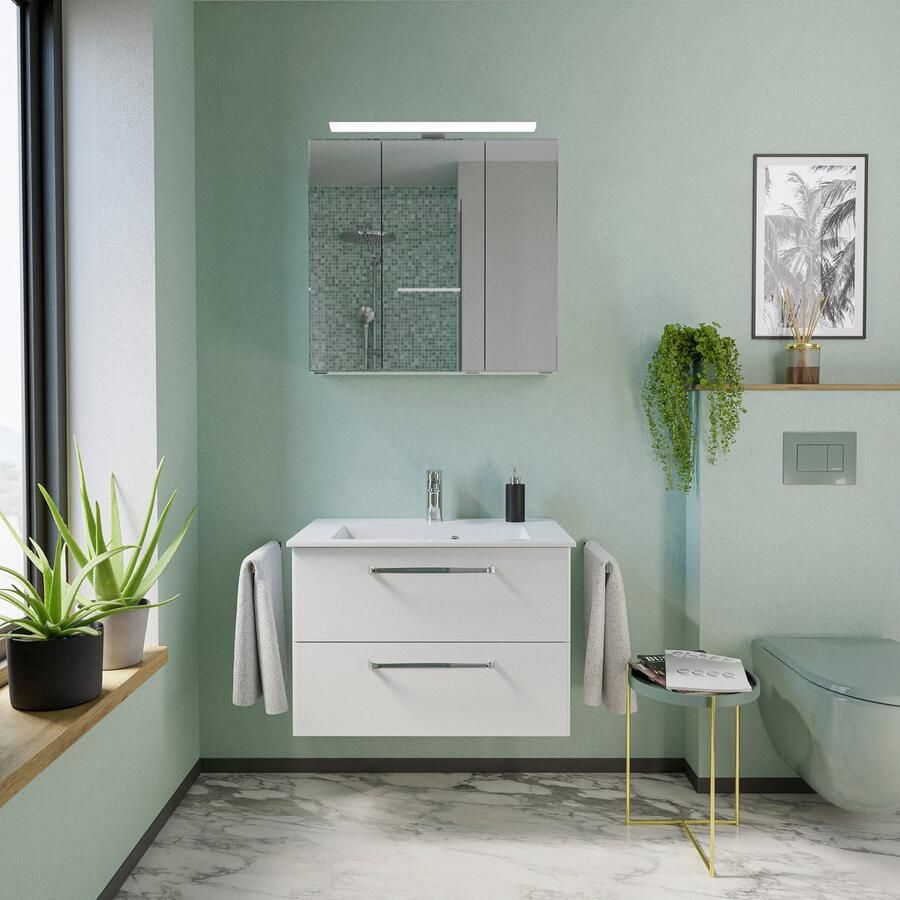 Saphir Badmeubelset Trentino 2-delig mineralen marmer wasbak spiegelkast met LED-lamp (3 stuks)